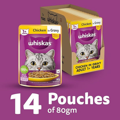 Whiskas Adult (1+ Years) Wet Cat Food, Chicken in Gravy, 80 g (Pack of 14), Hydrating Food Made With Real Chicken, 100% Complete & Balanced Nutrition for Adult Cats